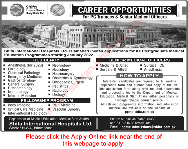 Shifa International Hospital Islamabad Jobs October 2021 Apply Online Postgraduate Trainees & Medical Officers  Latest