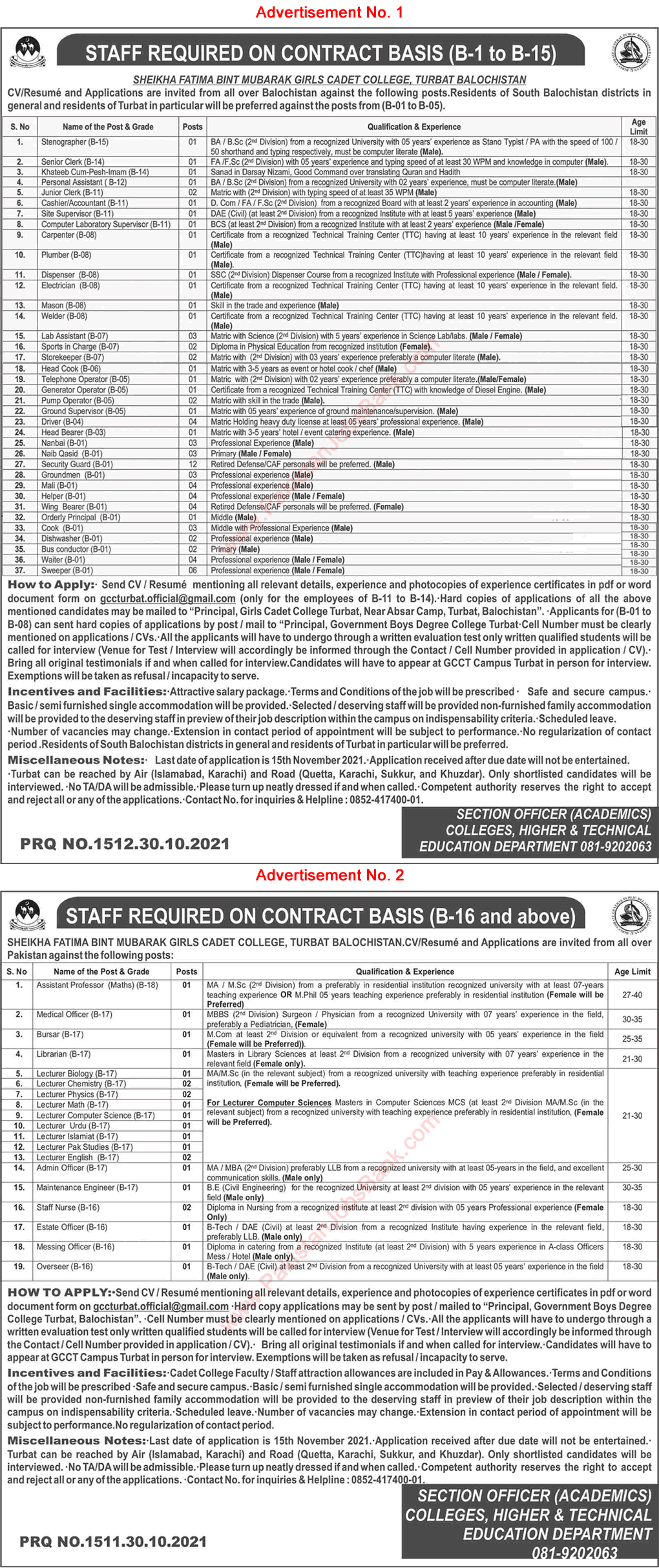 Sheikha Fatima Bint Mubarak Girls Cadet College Turbat Jobs 2021 November Balochistan Security Guards, Lecturers & Others Latest