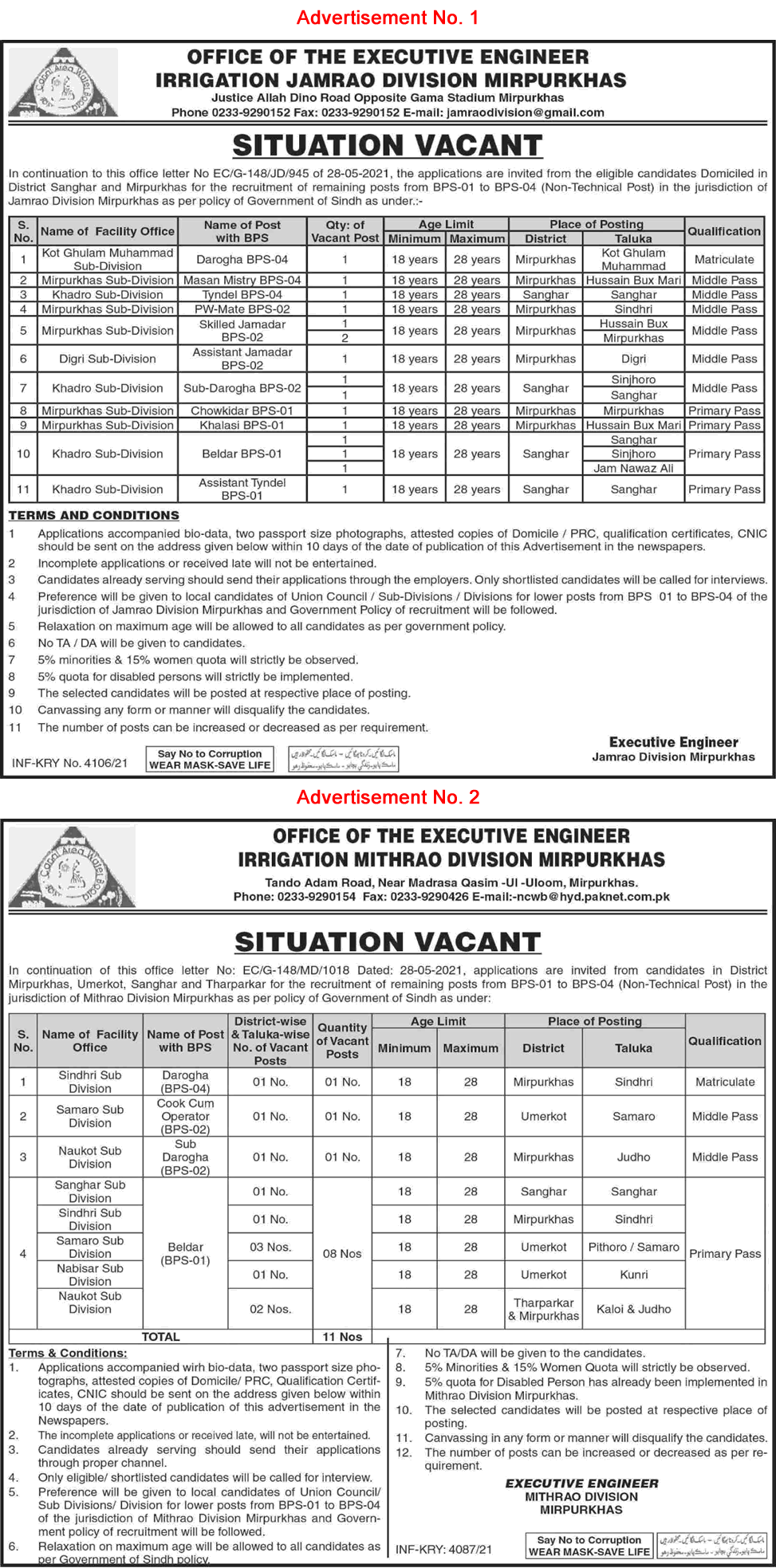 Irrigation Department Mirpurkhas Jobs November 2021 Beldar, Sub Darogha & Others Latest