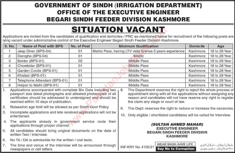 Irrigation Department Kashmore Jobs November 2021 Begari Sindh Feeder Division Latest