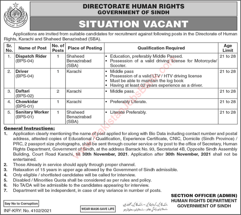 Directorate of Human Rights Sindh Jobs 2021 November Daftari, Driver & Others Latest