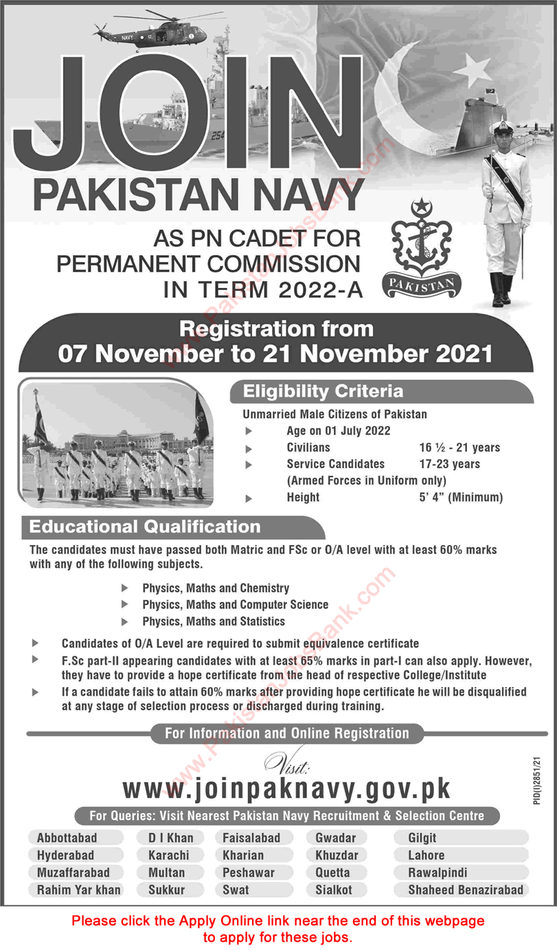 Join Pakistan Navy as PN Cadet November 2021 Online Registration Permanent Commission in Term 2022-A Latest