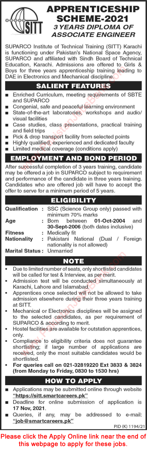 SUPARCO Apprenticeship 2021 November Training Scheme SITT Apply Online DAE Jobs Latest