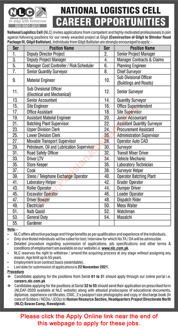 NLC Jobs November 2021 Gilgit Baltistan Application Form National Logistics Cell Latest