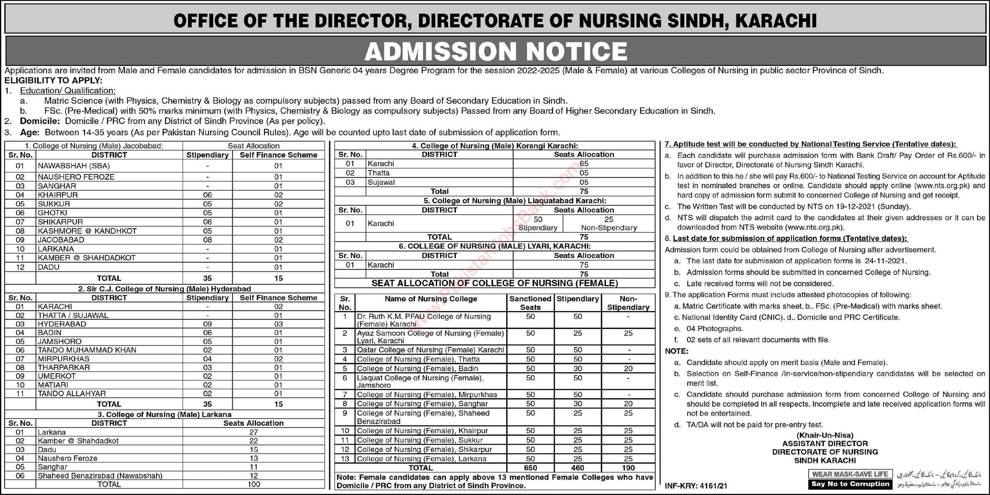 Free Nursing Courses in Directorate of Nursing Sindh November 2021 4 Years BSc Nursing Degree Program Latest
