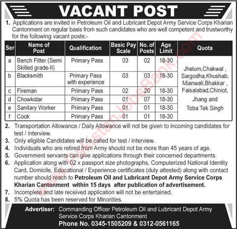 Petroleum Oil and Lubricant Depot Army Service Corps Kharian Cantt Jobs 2021 November Pak Army Latest