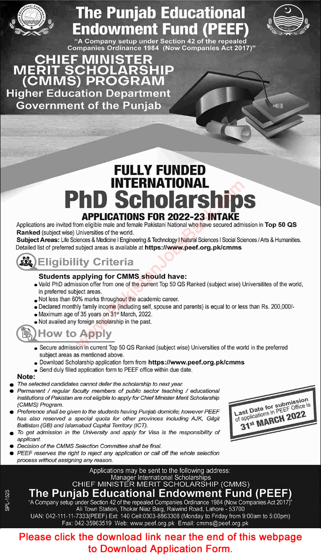 Chief Minister Merit Scholarships November 2021 PEEF Application Form International PhD Scholarships Latest