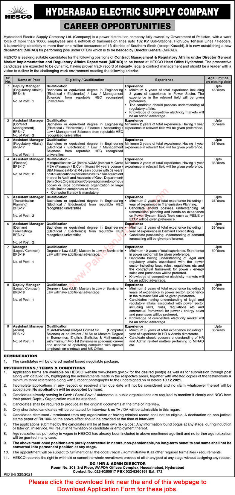HESCO Jobs November 2021 December WAPDA Application Form Assistant Managers & Others MIRAD Latest