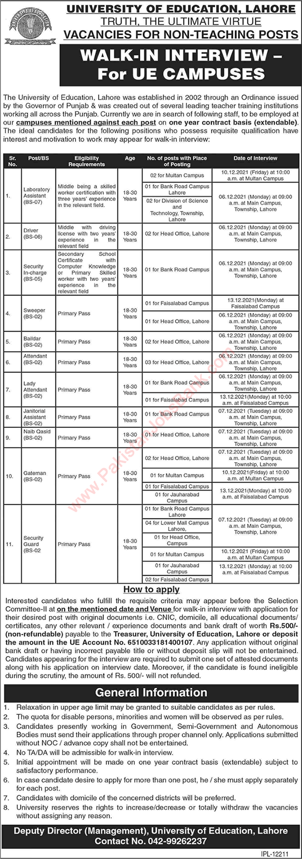 University of Education Lahore Jobs November 2021 December Walk in Interview Security Guards & Others Latest