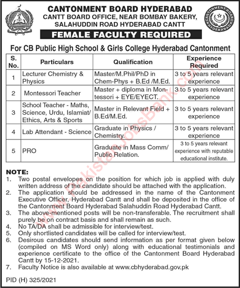 Cantonment Board Public High School and Girls College Hyderabad Jobs December 2021 Teachers & Others Latest
