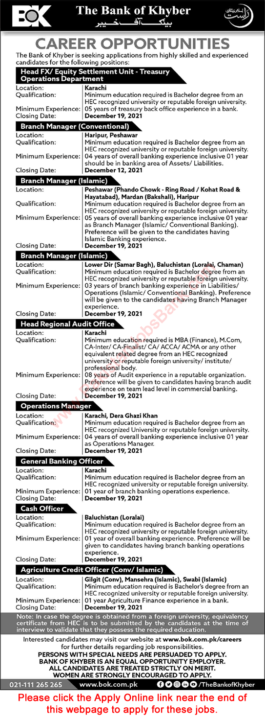 Bank of Khyber Jobs December 2021 Apply Online Branch Managers, Agriculture Credit Officers & Others Latest