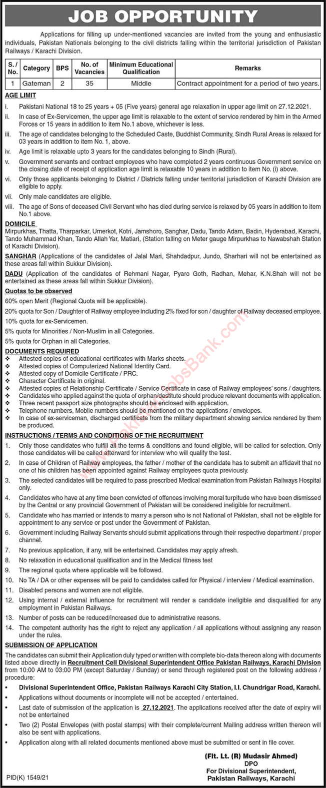 Gateman Jobs in Pakistan Railways Sindh December 2021 Latest