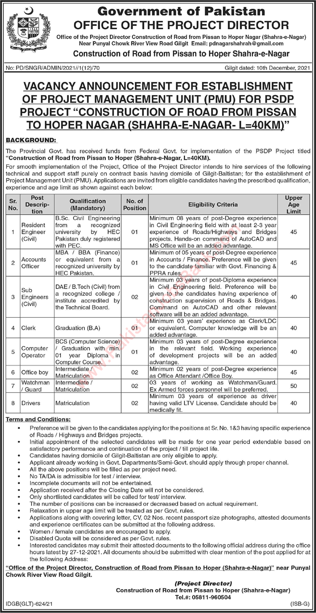 Office of the Project Director Gilgit Baltistan Jobs 2021 December PSDP Project Construction of Road Latest