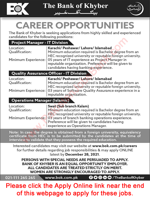 Bank of Khyber Jobs December 2021 BOK Apply Online Latest