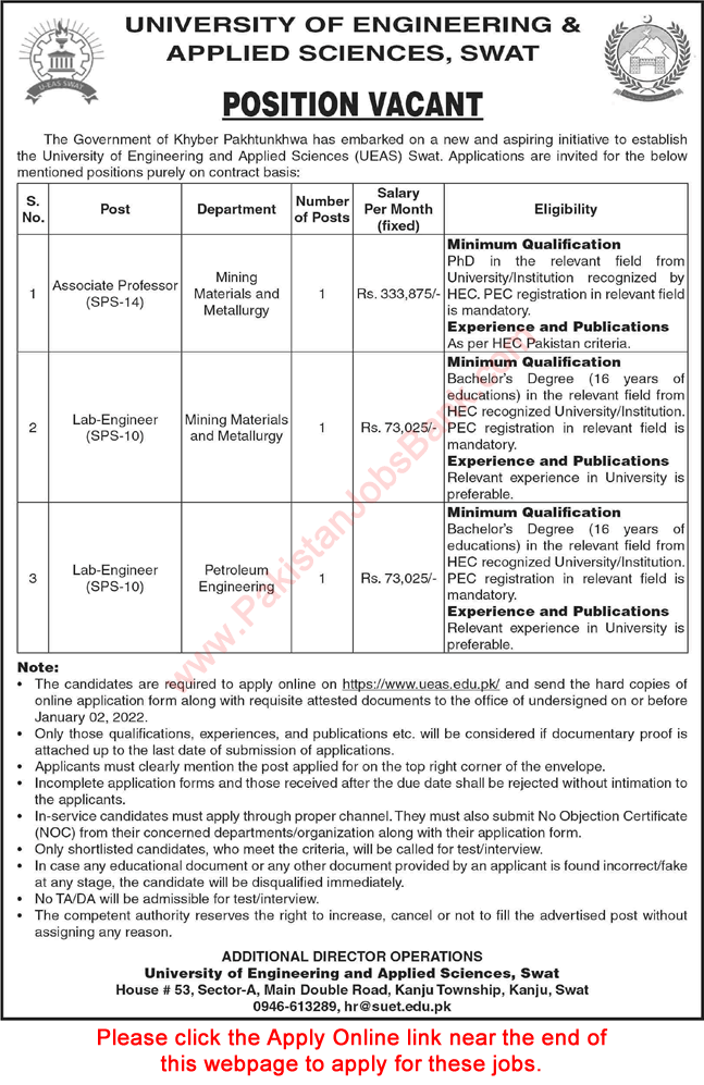 University of Engineering and Applied Sciences Swat Jobs December 2021 Apply Online UEAS Latest