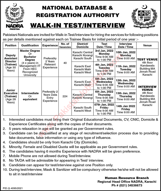 NADRA Karachi Jobs December 2021 Trainee Junior Executives & Deputy Assistant Directors Walk In Interview Latest