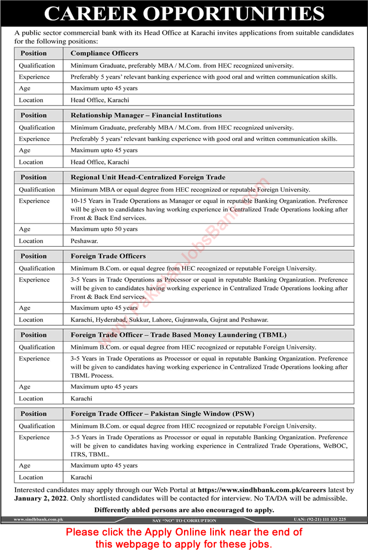 Sindh Bank Jobs December 2021 Apply Online Foreign Trade Officers & Others Latest