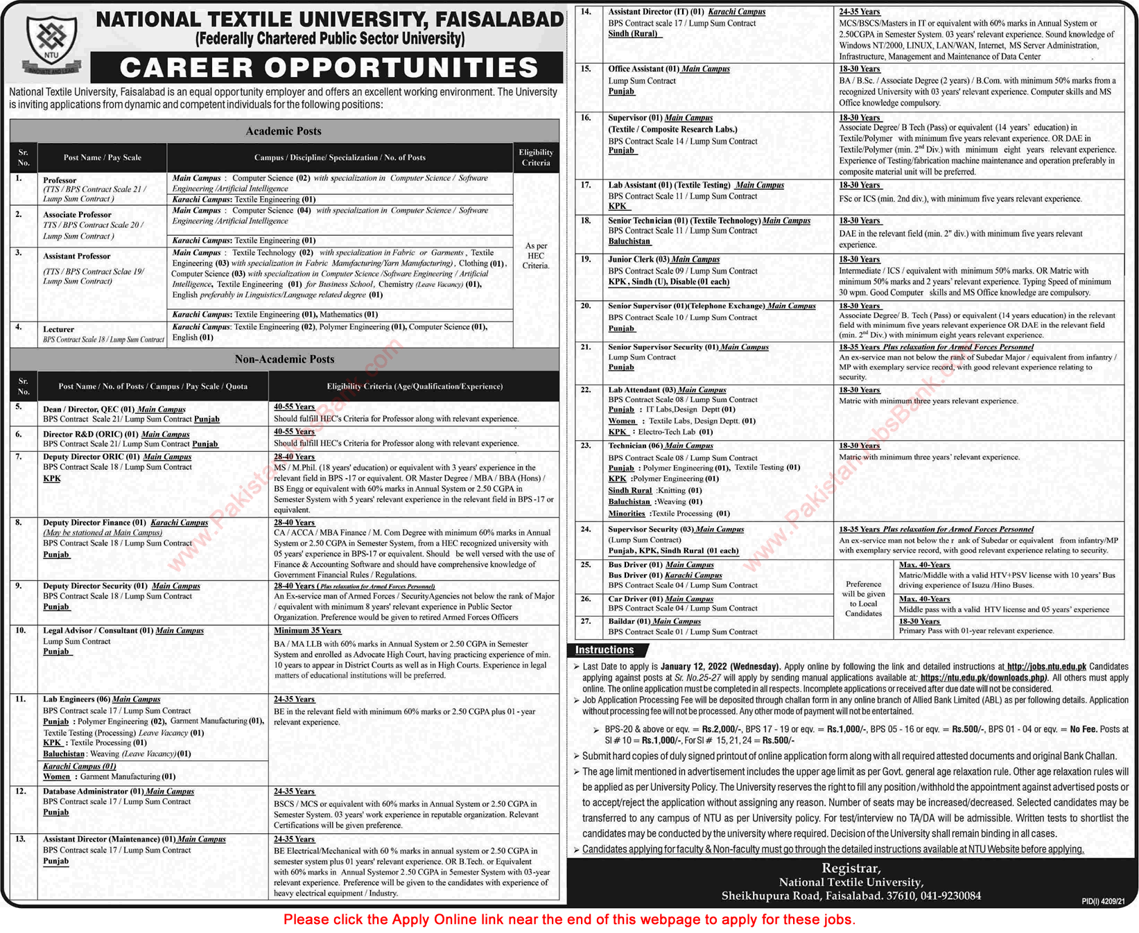 National Textile University Jobs December 2021 / 2022 Apply Online NTU Teaching Faculty & Others Latest