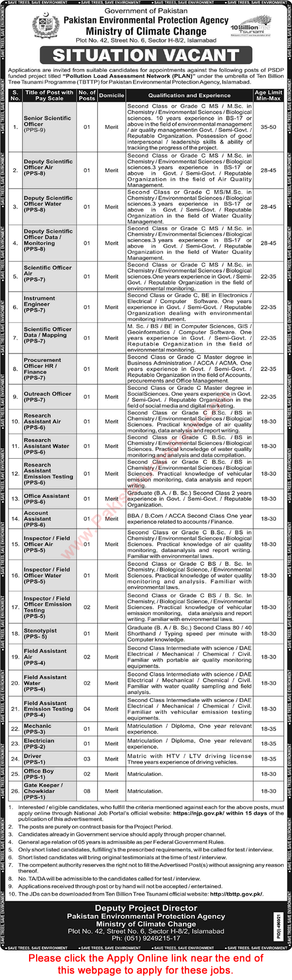 Ministry of Climate Change Islamabad Jobs 202 Apply Online Field Assistants, Deputy / Assistant Directors & Others Latest