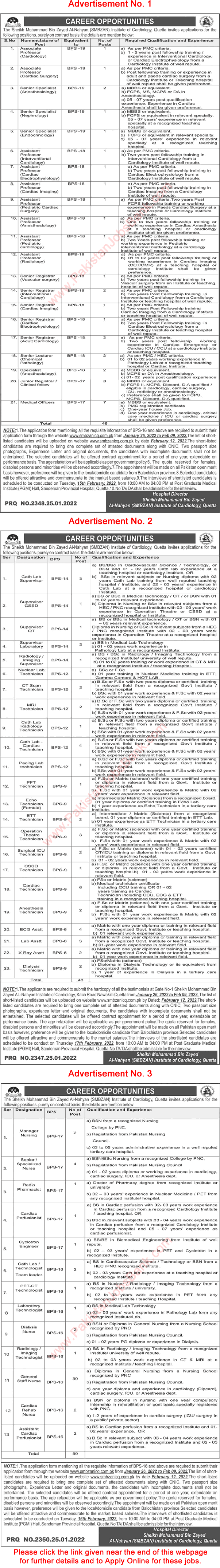 Sheikh Mohammed Bin Zayed Al Nahyan Institute of Cardiology Quetta Jobs 2022 SMBZAN Apply Online Latest