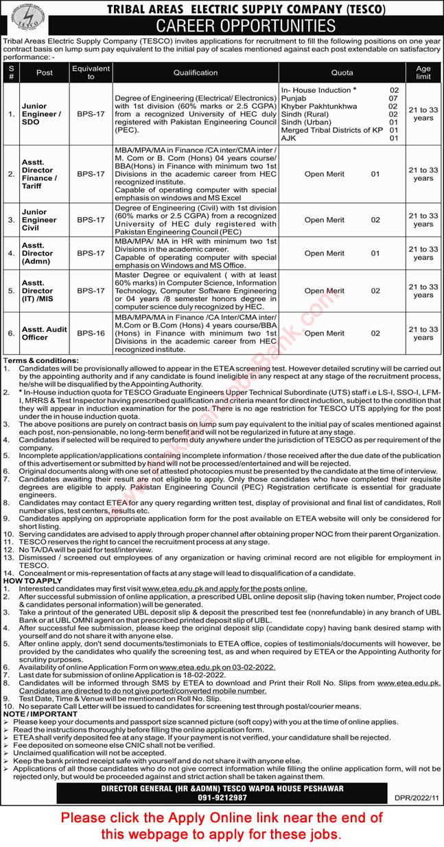 TESCO Jobs 2022 KPK WAPDA ETEA Apply Online Tribal Areas Electric Supply Company Latest