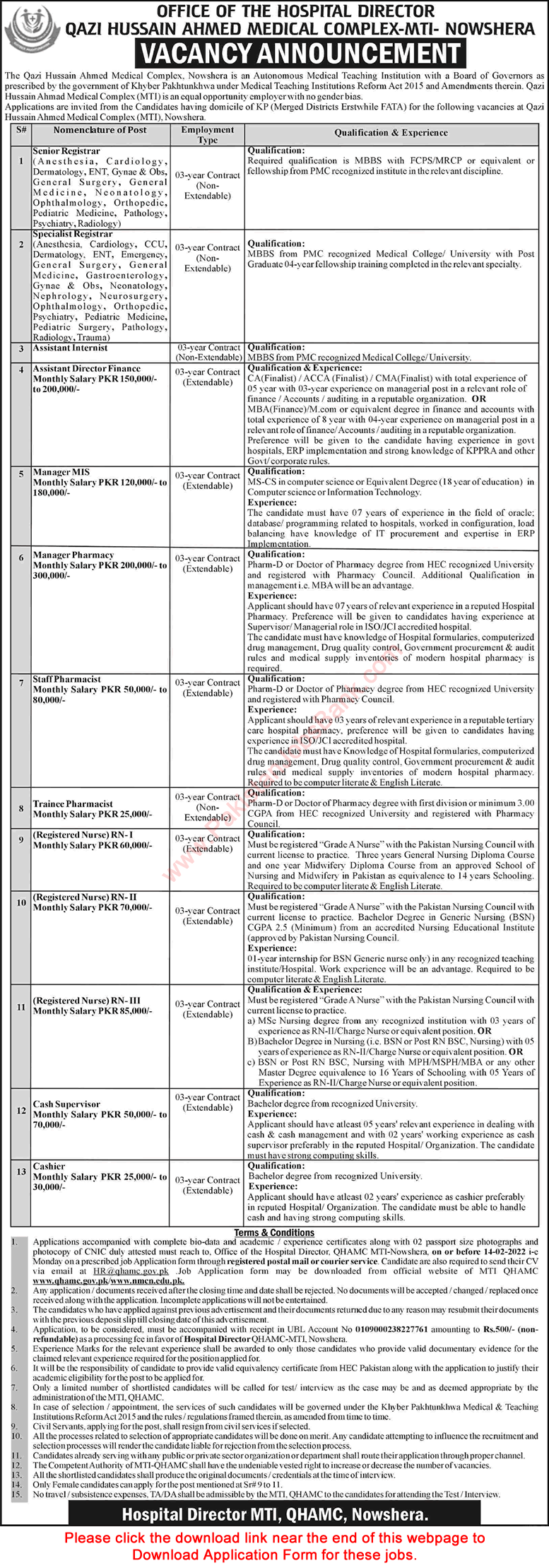 Qazi Hussain Ahmed Medical Complex Nowshera Jobs 2022 Application Form MTI QHAMC Latest