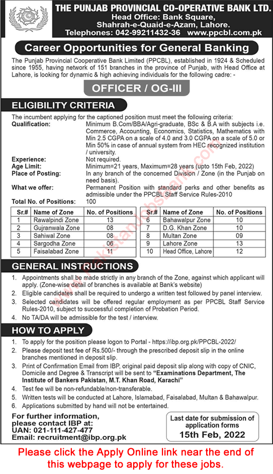 Punjab Provincial Cooperative Bank Jobs 2022 January Apply Online Officer Grade-III General Banking PPCBL Latest