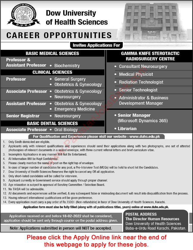 Dow University of Health Sciences Karachi Jobs 2022 February DUHS Apply Online Latest