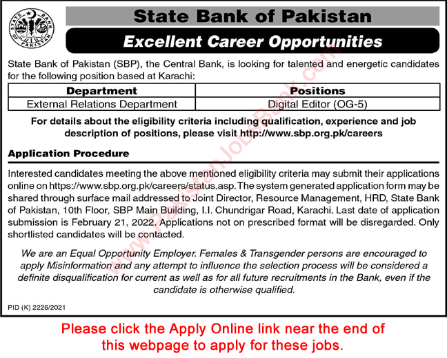 Digital Editor Jobs in State Bank of Pakistan 2022 February Apply Online SBP Latest