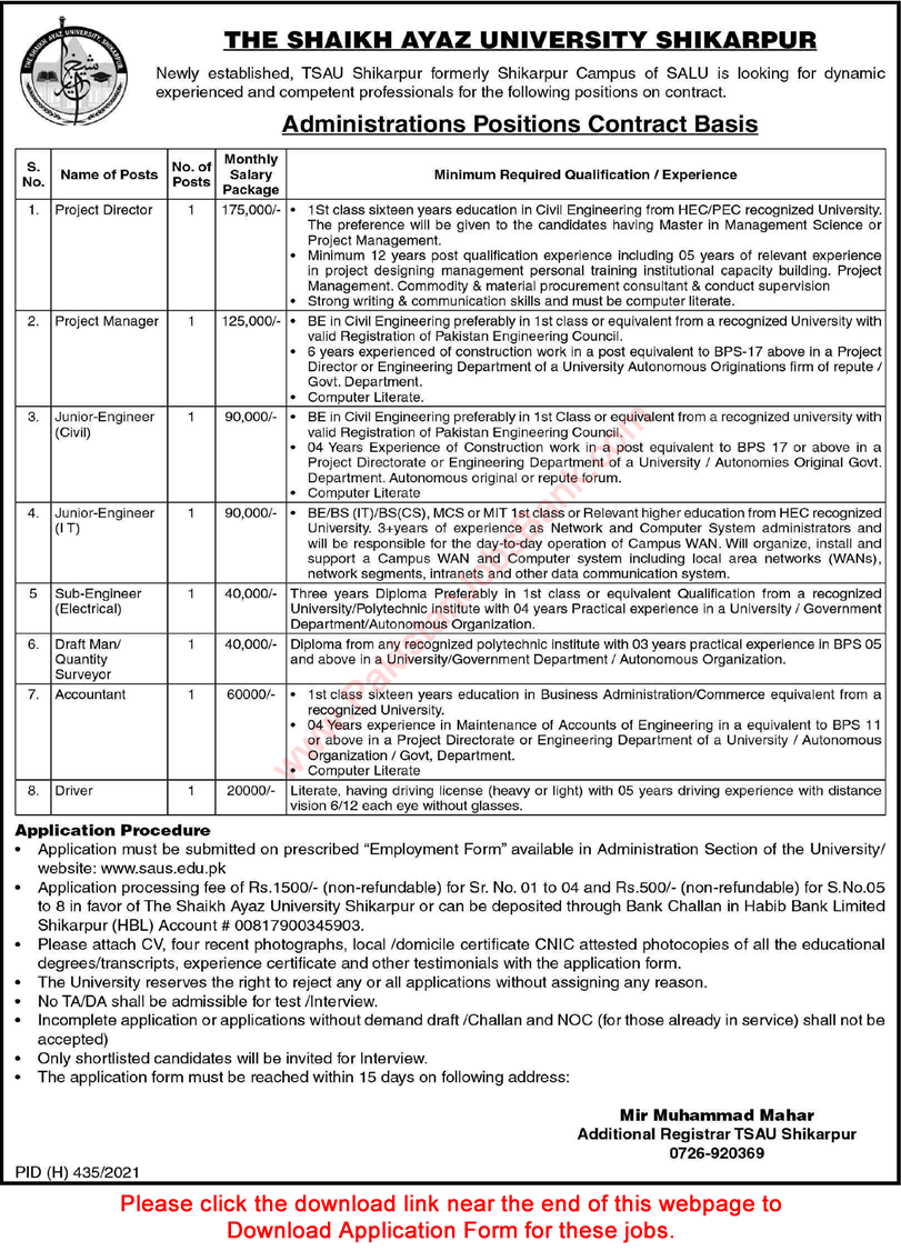 Shaikh Ayaz University Shikarpur Jobs 2022 February Application Form Junior Engineers & Others Latest