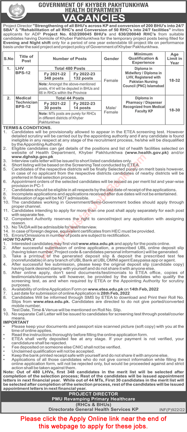 Health Department KPK Jobs 2022 February ETEA Apply Online Lady Health Visitors & Medical Technicians Latest