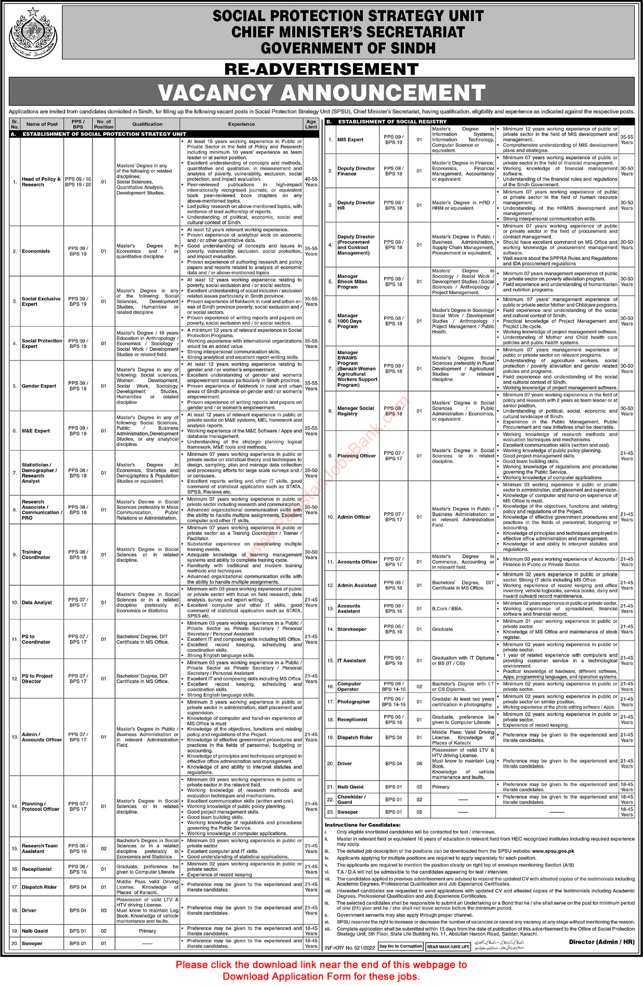 Social Protection Strategy Unit Sindh Jobs 2022 February Application Form Chief Minister Secretariat Latest