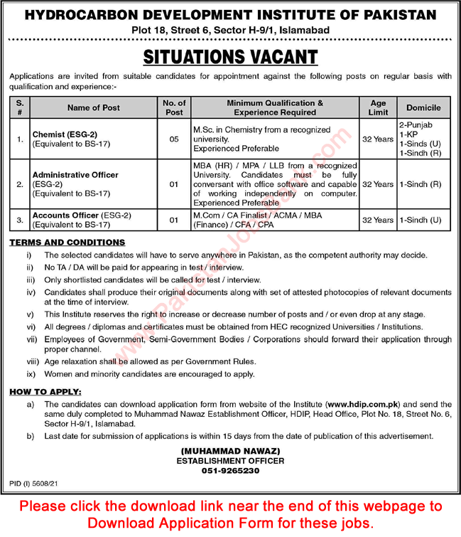 Hydrocarbon Development Institute of Pakistan Jobs 2022 February HDIP Application Form Chemist & Others Latest