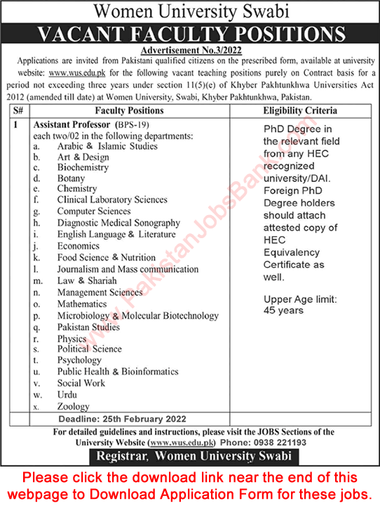 Assistant Professor Jobs in Women University Swabi 2022 February Application Form Latest