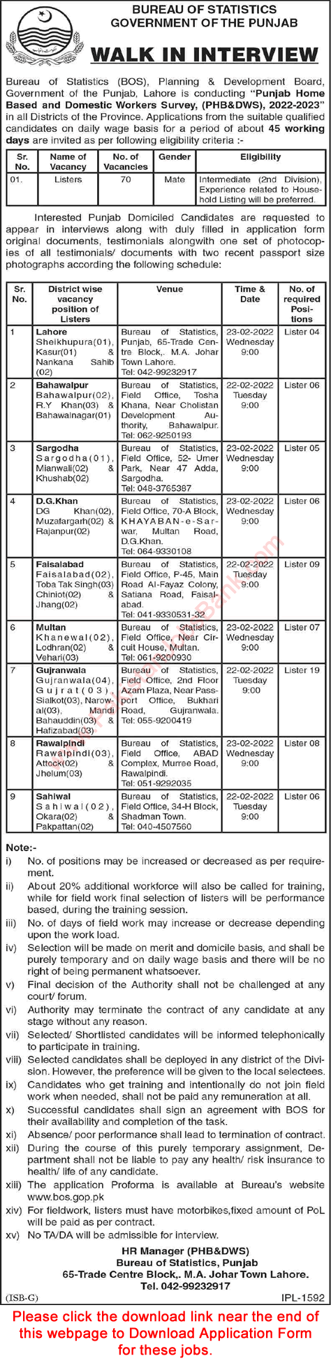 Lister Jobs in Punjab Bureau of Statistics 2022 February Application Form Walk In Interview Latest