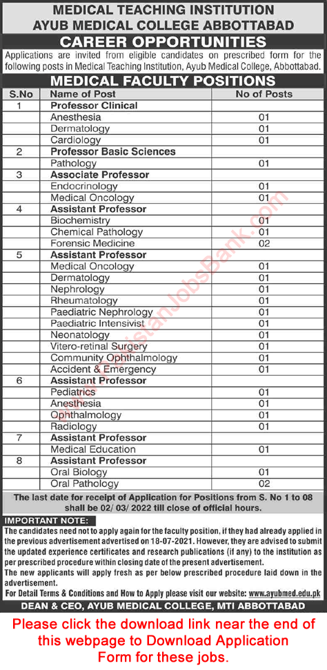 Teaching Faculty Jobs in Ayub Medical College Abbottabad 2022 February Application Form MTI Latest