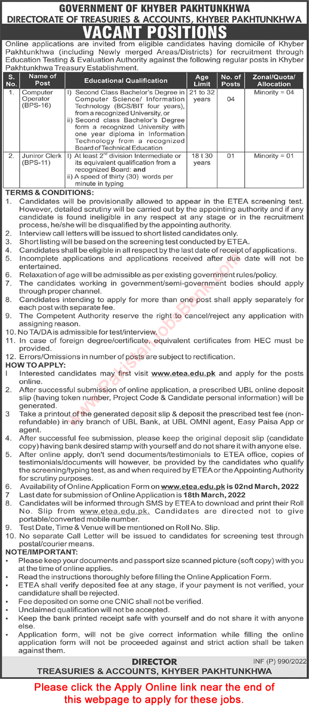 Directorate of Treasuries and Accounts KPK Jobs 2022 February ETEA Apply Online Latest