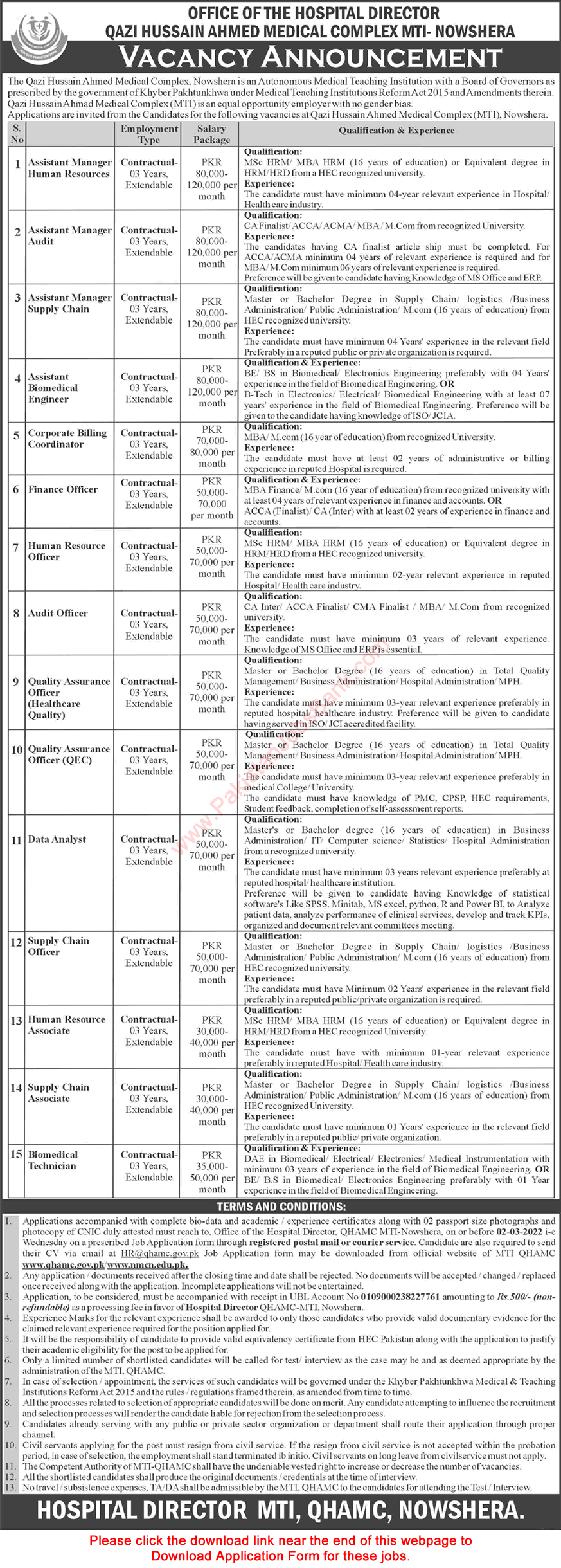 Qazi Hussain Ahmed Medical Complex Nowshera Jobs 2022 February Application Form MTI QHAMC Latest