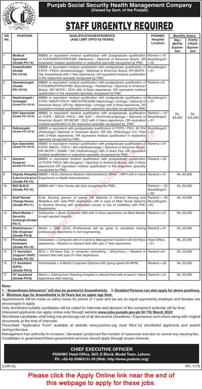 Punjab Social Security Health Management Company Jobs 2022 February Online Apply PSSHMC Hospitals Latest