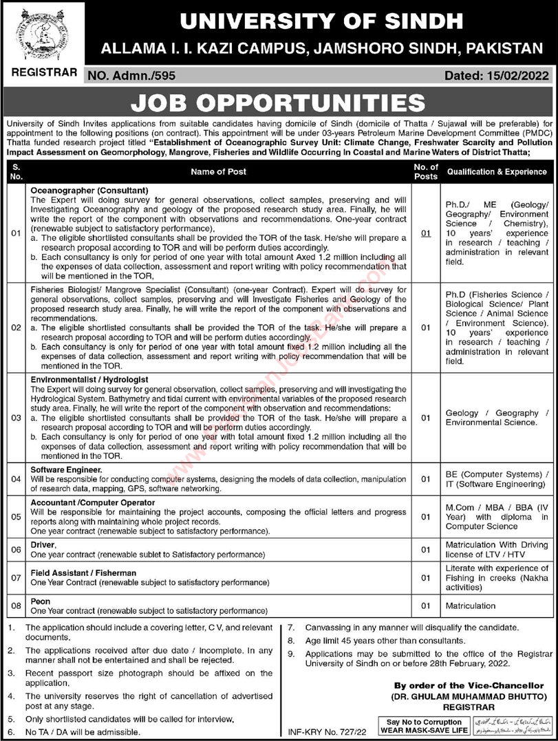 University of Sindh Jamshoro Jobs 2022 February Computer Operators & Others Latest