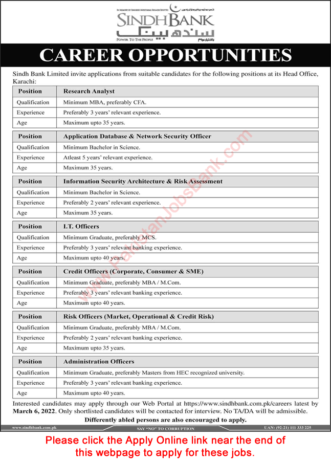 Sindh Bank Karachi Jobs 2022 February Apply Online IT / Credit Officers & Others Latest