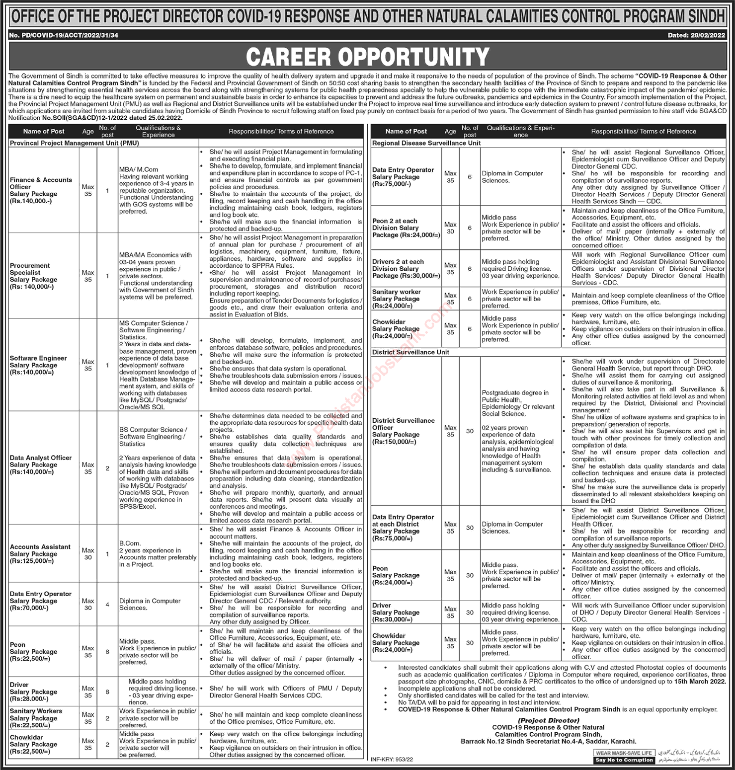 COVID 19 Response and Other Natural Calamities Control Program Sindh Jobs 2022 March Drivers & Others Latest