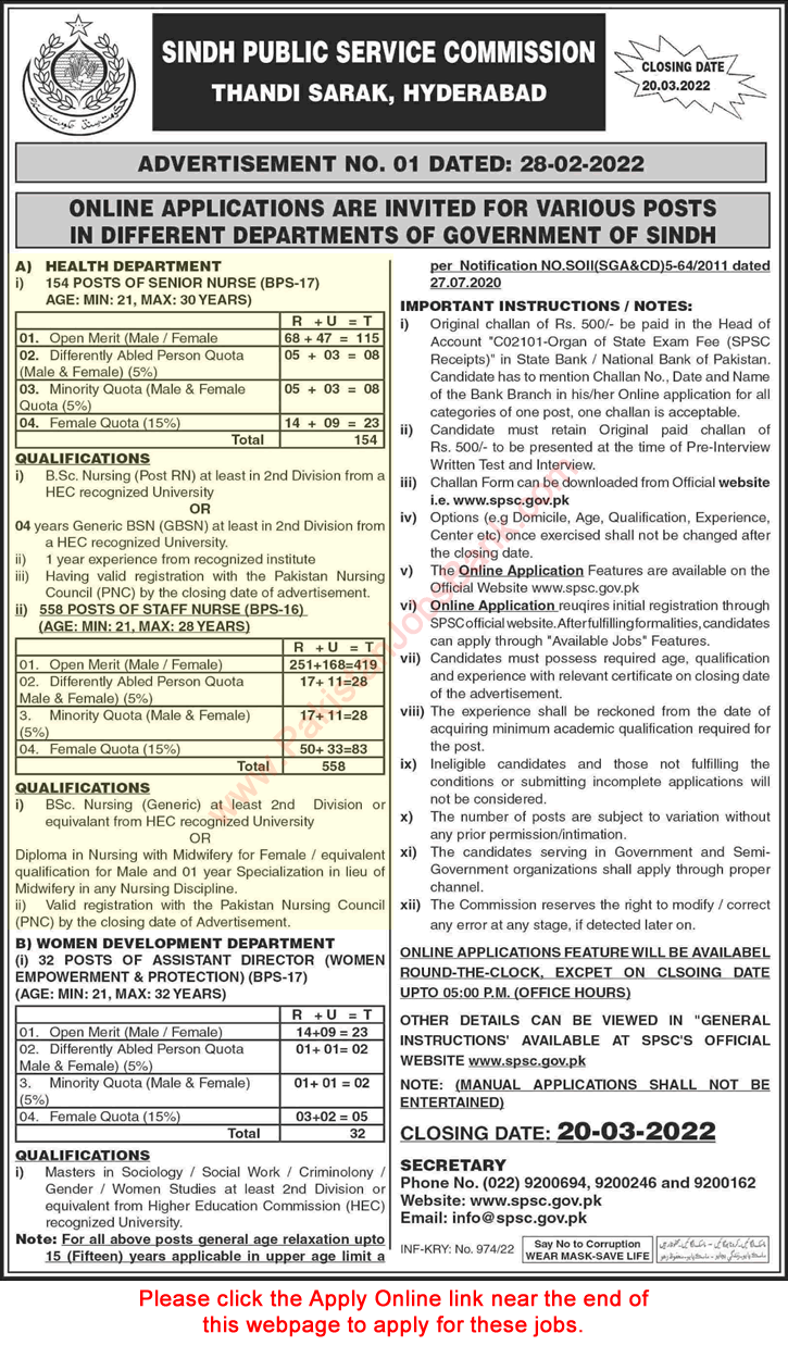 Senior / Staff Nurse Jobs in Health Department Sindh March 2022 SPSC Apply Online Latest