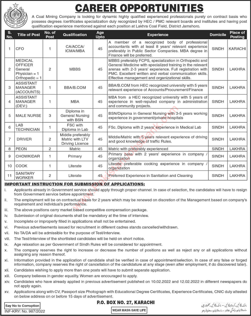 PO Box 27 Karachi Jobs 2022 March Lakhra Coal Field Nurses, Medical Officers & Others Latest