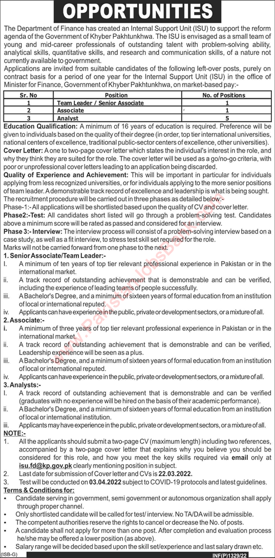 Ministry of Finance KPK Jobs 2022 March Analysts, Associate & Team Leader ISU Latest