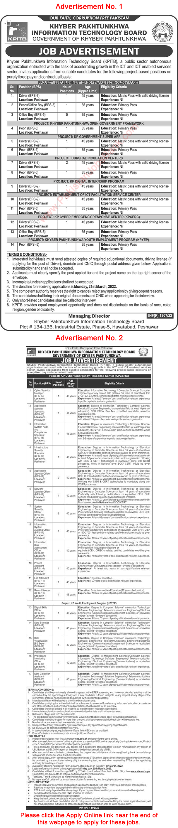 KPITB Peshawar Jobs 2022 March Apply Online Khyber Pakhtunkhwa Information Technology Board Latest