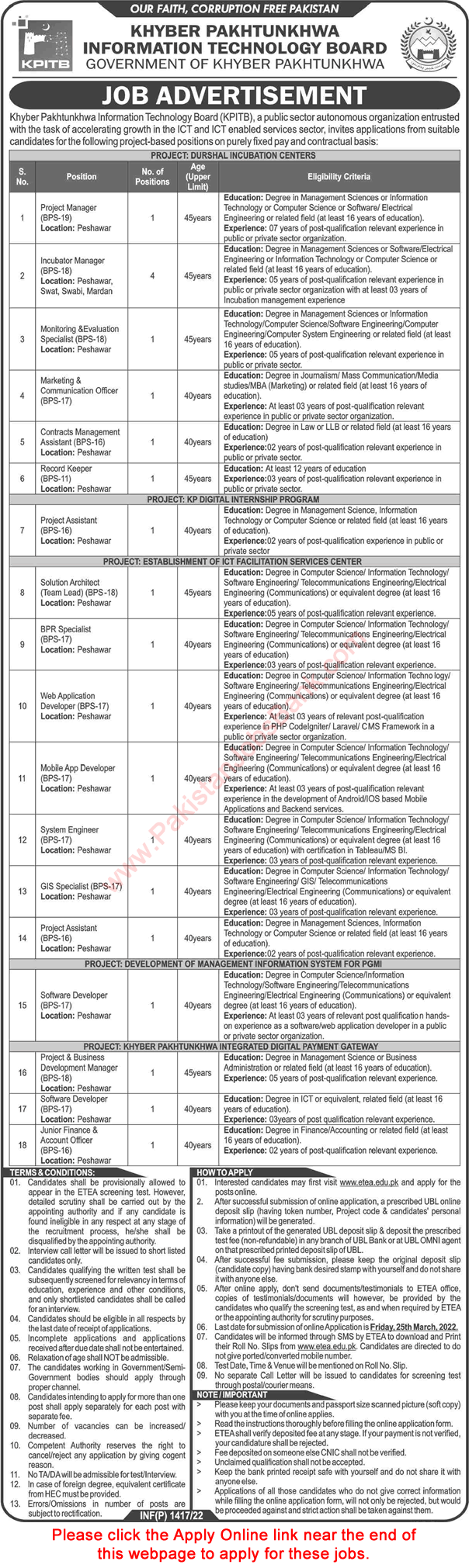 KPITB Peshawar Jobs 2022 March ETEA Online Apply Khyber Pakhtunkhwa Information Technology Board Latest