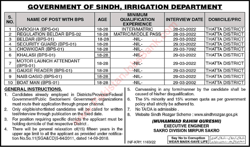 Irrigation Department Mirpur Sakro Jobs 2022 March Beldar, Naib Qasid & Others Latest