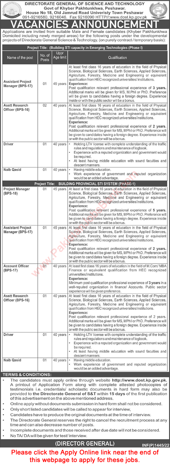 Directorate General of Science and Technology KPK Jobs 2022 March Apply Online Latest