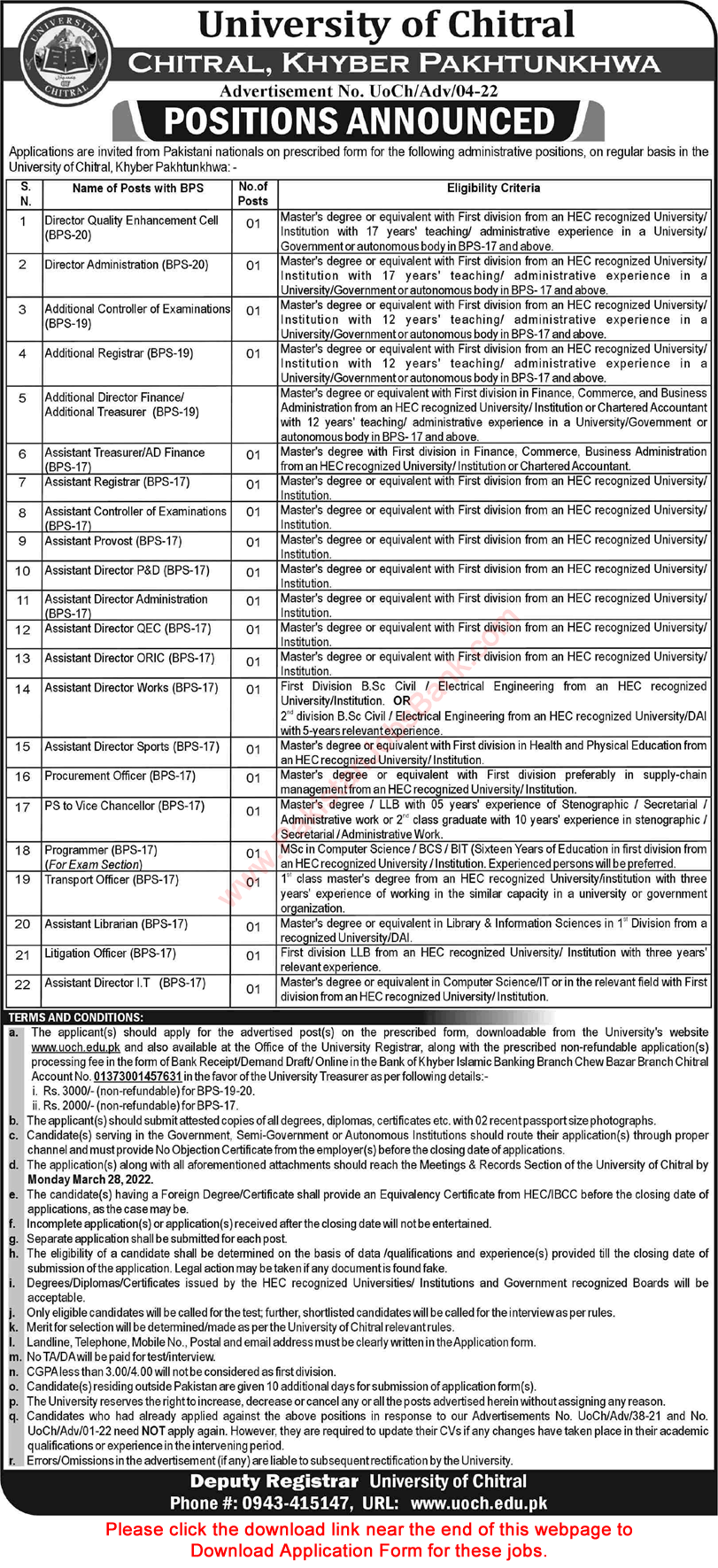 University of Chitral Jobs March 2022 Application Form Assistant Directors & Others Latest